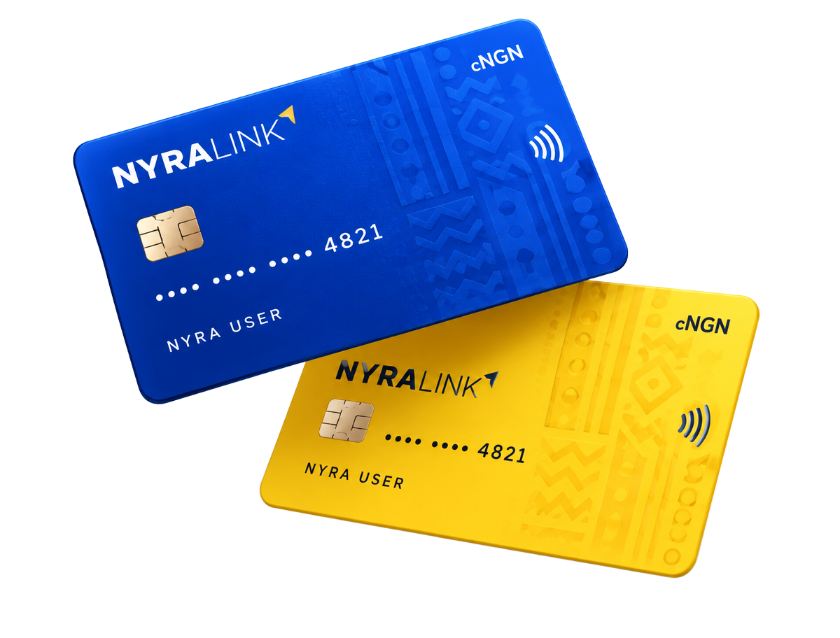 Blue and yellow NYRALINK cNGN payment cards